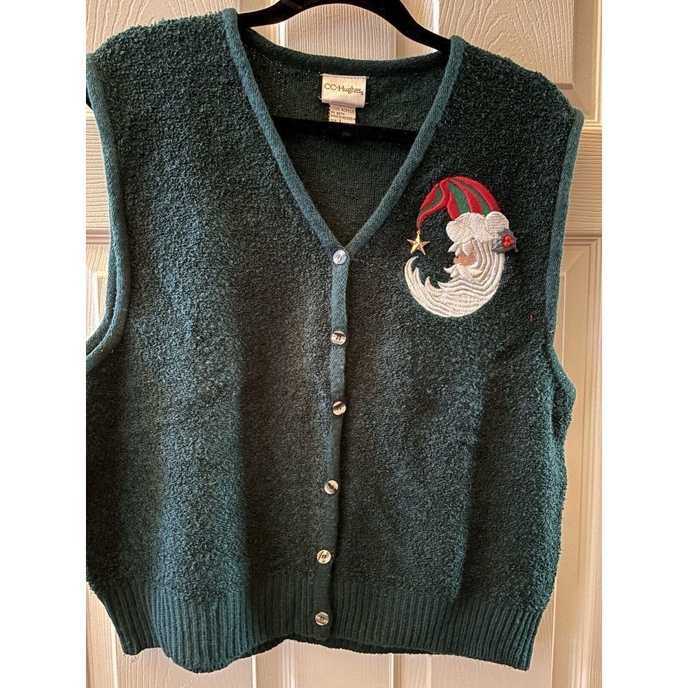 Women Hunter‎ Green Boucle Knit Vintage Santa Moon Christmas Button Vest Large
